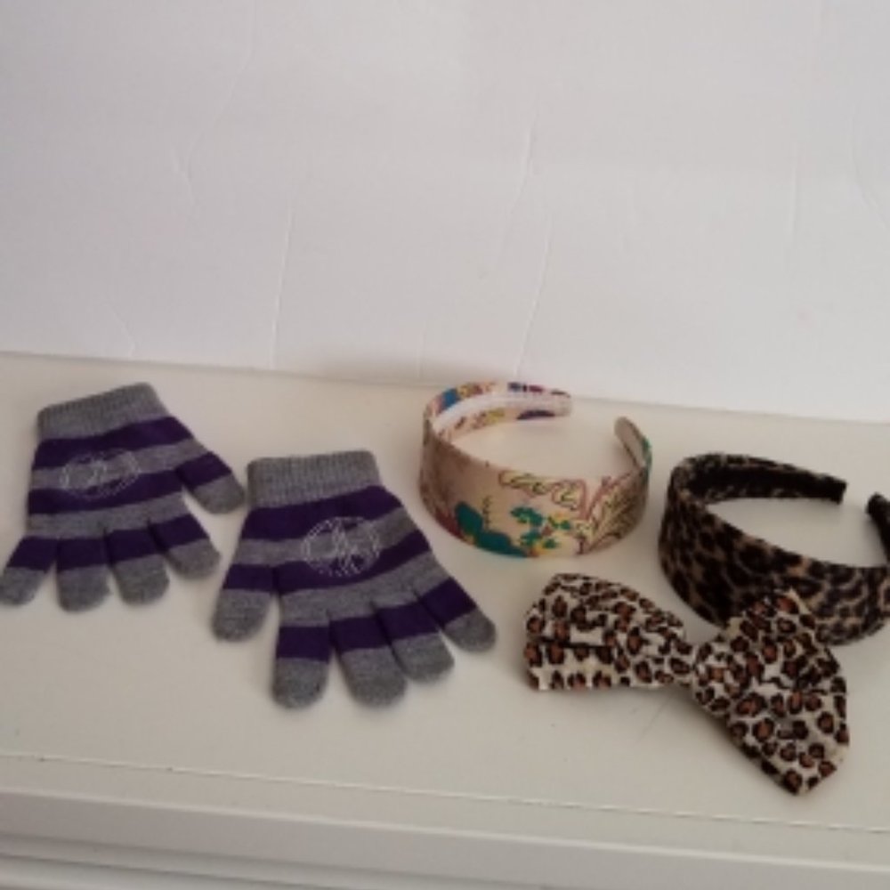 Girl's Headbands, Hair Clip, Gloves 4-PC Lot Bundle Set
